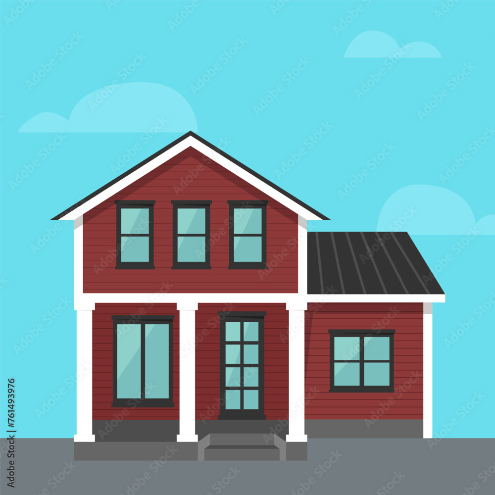 Vector house with porch. Red two-storey house with porch for rent, for sale in flat style. Vector illustration