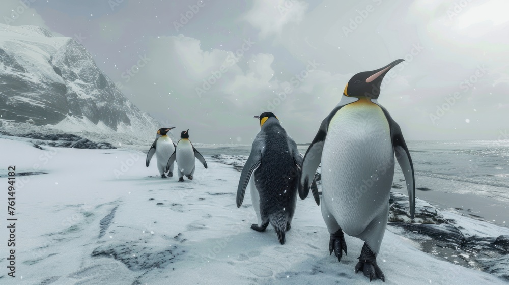 Fototapeta premium A group of penguins walking along a snow