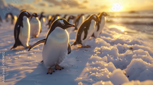 A group of penguins walking along a snow photo