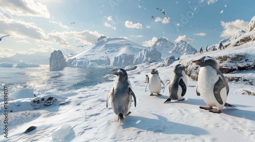 A group of penguins walking along a snow photo
