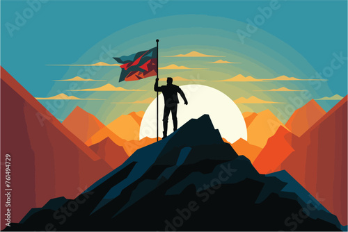 Silhouette of businessman holding flag on the top of mountain, A silhouette of a successful businessman holding a large flag stands on top of a mountain