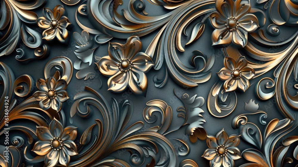 Detailed close up of a metal wall with intricate gold flowers design. Perfect for background or texture use