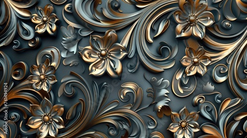 Detailed close up of a metal wall with intricate gold flowers design. Perfect for background or texture use