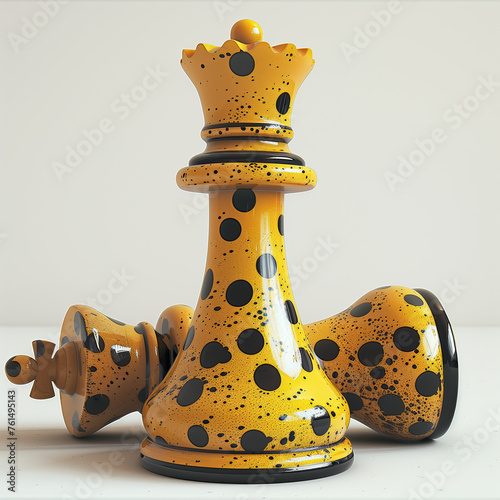 Dos piezas de ajedrez, la Reina de pie, y el Rey acostado en posición de jaque mate, fin del juego, rendición. Figuras en color amarillo, con motas o puntos negros, sobre fondo gris claro uniforme photo