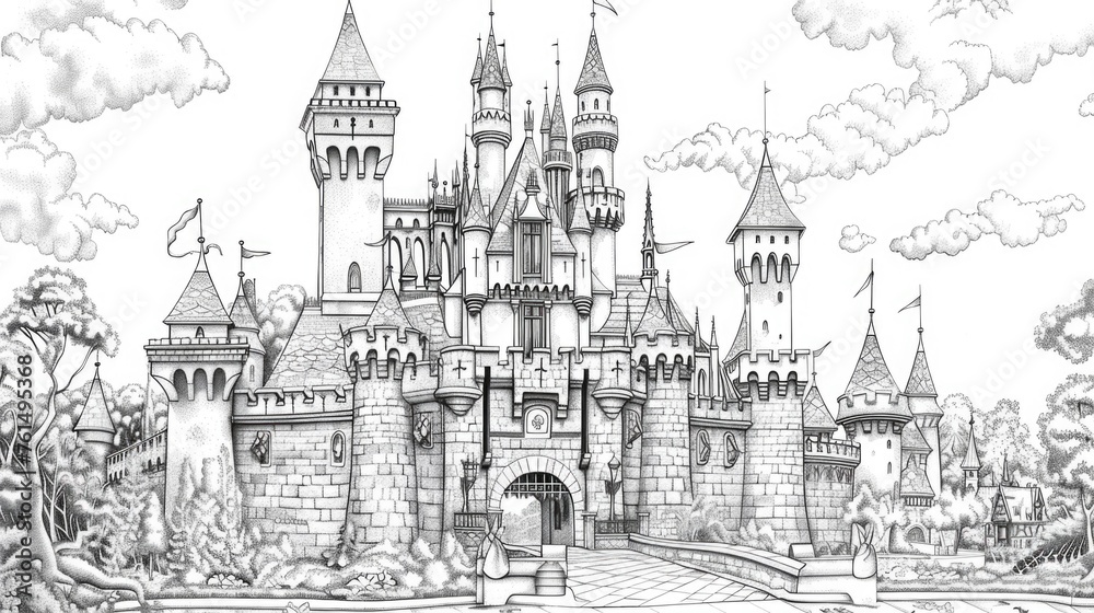 Detailed drawing of a castle in a park, suitable for architectural projects or historical illustrations
