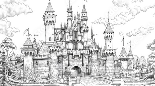 Detailed drawing of a castle in a park  suitable for architectural projects or historical illustrations