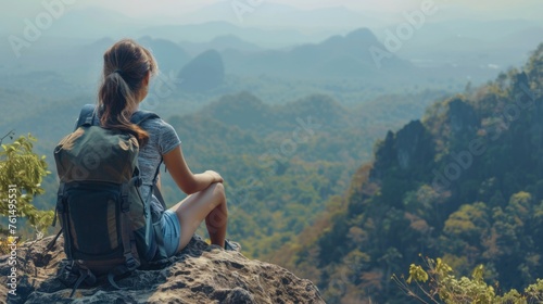 A woman sitting on top of a mountain with a backpack. Suitable for outdoor adventure themes