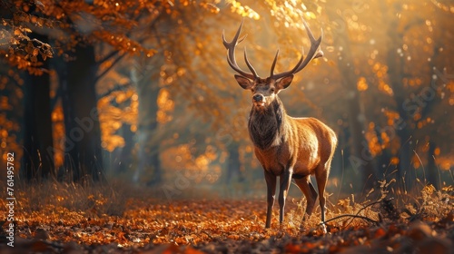 A majestic deer in a beautiful autumn forest © chutikan