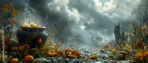 An enchanting depiction of a cauldron overflowing with pumpkins amidst a magical forest with a foggy, overcast sky setting the mood