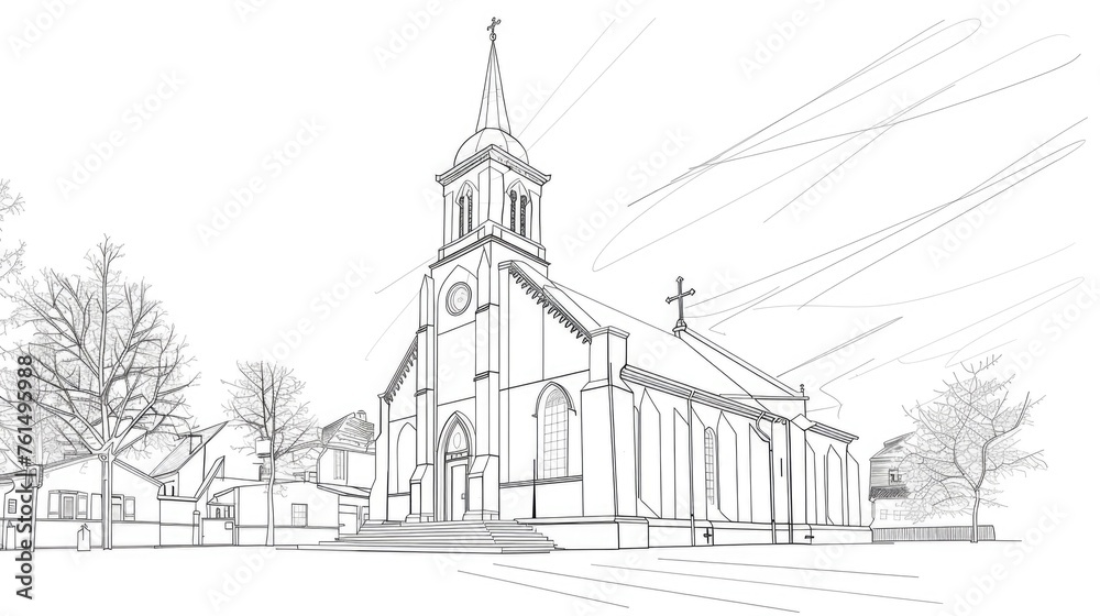Detailed drawing of a church with a steeple. Ideal for architectural projects - obrazy, fototapety, plakaty 