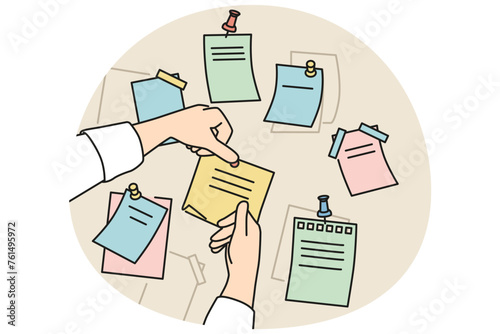 Closeup of person attach sticky notes with pins to board in office. Employee organize work plans using stickers on corkboard. Vector illustration.