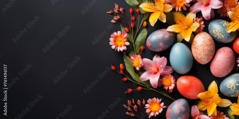 Easter eggs on a dark background. Easter banner. Generative AI Easter eggs on a dark background. Easter banner. Generative AI