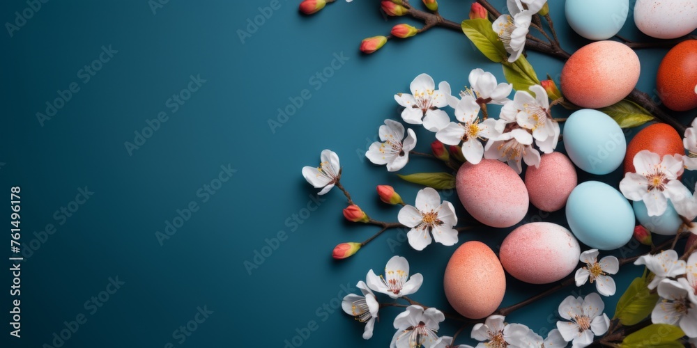 Easter blue banner. Easter eggs on a blue background. Generative AI Easter blue banner. Easter eggs on a blue background. Generative AI