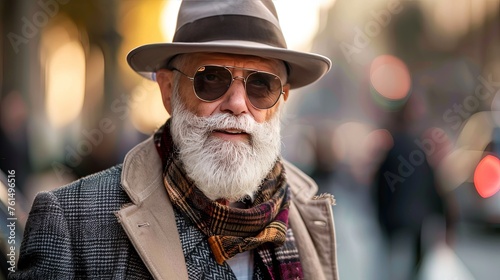 Fashionable elderly gentleman wearing a hat and sunglasses on a city street, exuding confidence and style. Elegant Senior Man in Stylish Outfit