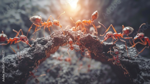 Ants help carry food. Red ant team. Unity of ants. photo