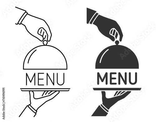 Vector Icon of Open Food Serving Tray in Waiter’s Hands, Menu Concept, Outline and Glyph Style