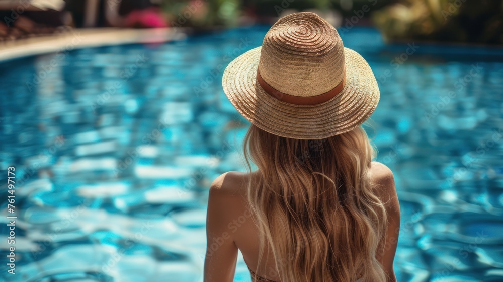 Back of a young woman with long blonde hair wearing a straw hat on her vacation at a beautiful