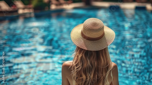 Back of a young woman with long blonde hair wearing a straw hat on her vacation at a beautiful