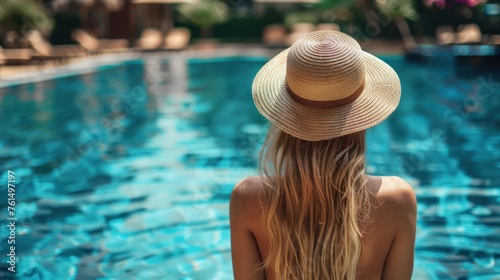 Back of a young woman with long blonde hair wearing a straw hat on her vacation at a beautiful