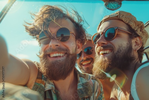 Group of friends posing for a selfie in a car. Perfect for social media and friendship themes