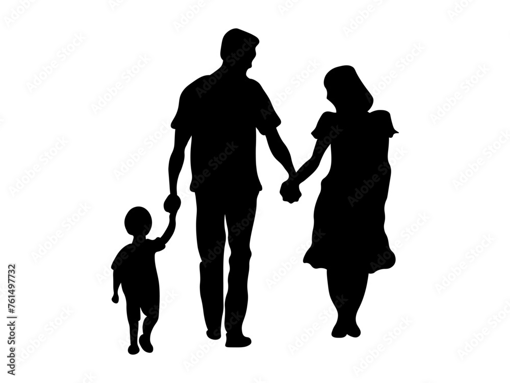 Silhouette,shadow,black and white logo, family with a child on a walk Silhouette,shadow,black and white logo, family with a child on a walk