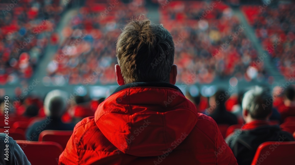 A man in a red jacket sitting in a stadium. Suitable for sports events or outdoor activities