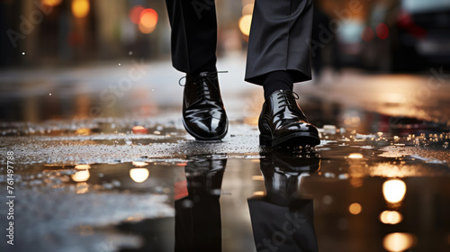 Street photo of the feet of a businessman walking down the road. Perfect dynamic action composition. Generative AI