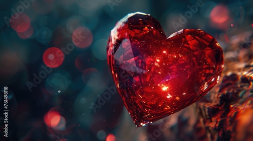 A red glass heart decoration hanging from a tree branch, perfect for Valentine's Day designs