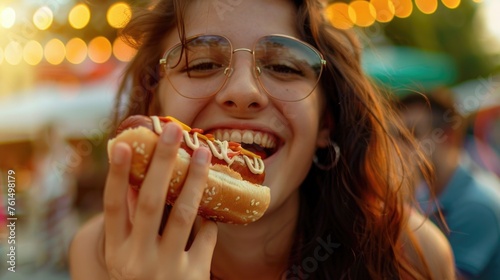 Woman with glasses eating a hot dog. Suitable for food and lifestyle concepts