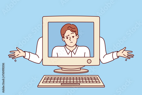 Old computer with disappointed man on screen, as metaphor for PC freezes and breakdowns due to outdated technologies. Sad system administrator does not know how to solve problem with computer virus