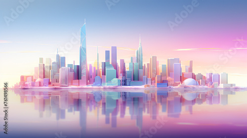 A city skyline is reflected in the water. The city is a mix of tall buildings and a small island. The sky is blue and the water is calm © PPstock