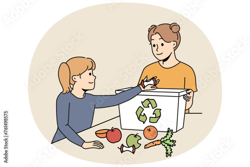 Happy girls children throw food waste in biodegradable container. Smiling children put fruit remains into eco bin at home. Environment protection. Vector illustration.