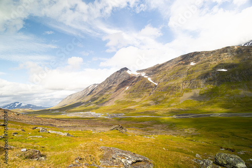 A beautiful summer landscape of Sarek National Park with river. Wild scenery of Northern Europe.