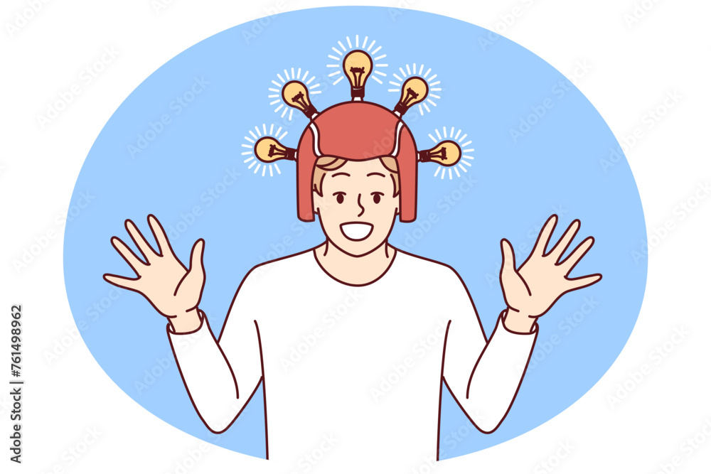 Satisfied excited man in helmet with glowing light bulbs raises hands and smiles. Guy uses magic devices to find new ideas and non-trivial solutions to achieve business goals. Flat vector illustration Satisfied excited man in helmet with glowing light bulbs raises hands and smiles. Guy uses magic devices to find new ideas and non-trivial solutions to achieve business goals. Flat vector illustration