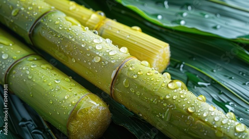 Fresh sugarcane with vibrant green leaves and water drops