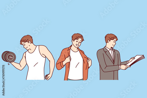 Lifestyle of successful man doing sports and dressing for party before work day. Young man at different times lifts dumbbell and reads business documents or is getting ready for date with girlfriend