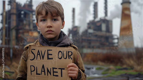 Unhappy boy holds a protest sign that write Save our planet