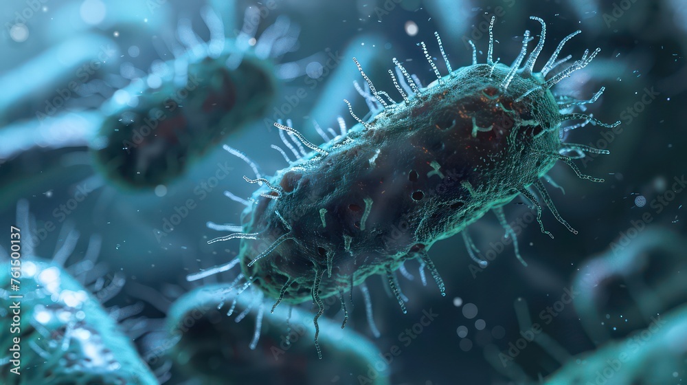 Microbiology illustration of vibrant E. coli bacteria - obrazy, fototapety, plakaty 