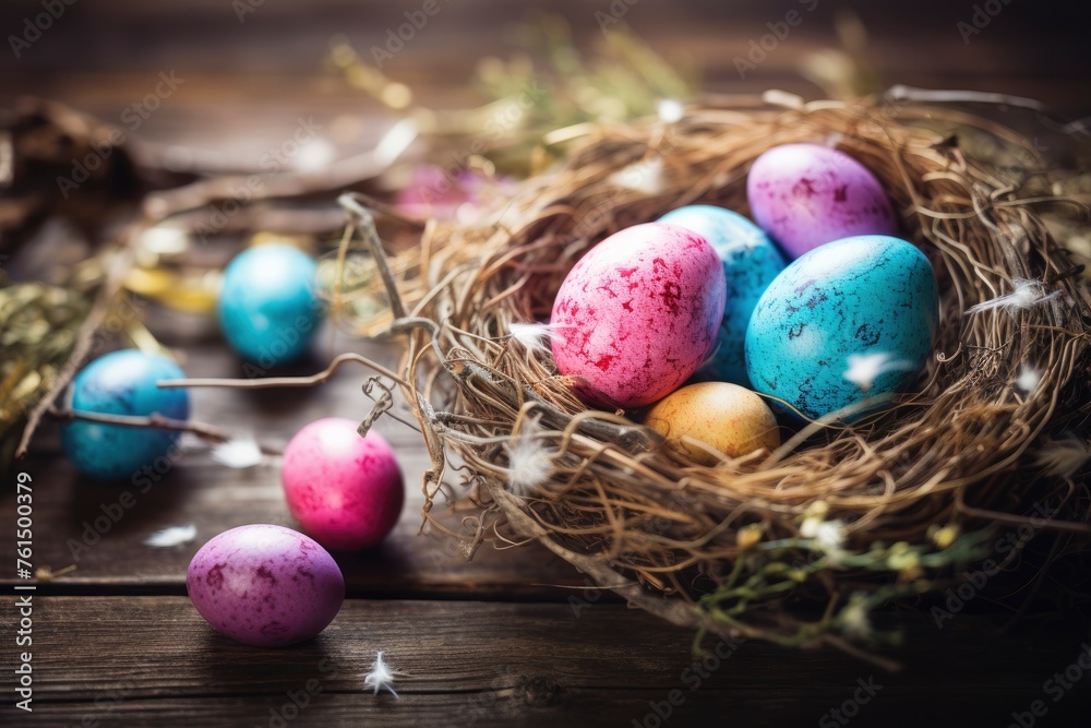 Easter eggs in nest on rustic wooden planks - generative ai Easter eggs in nest on rustic wooden planks - generative ai
