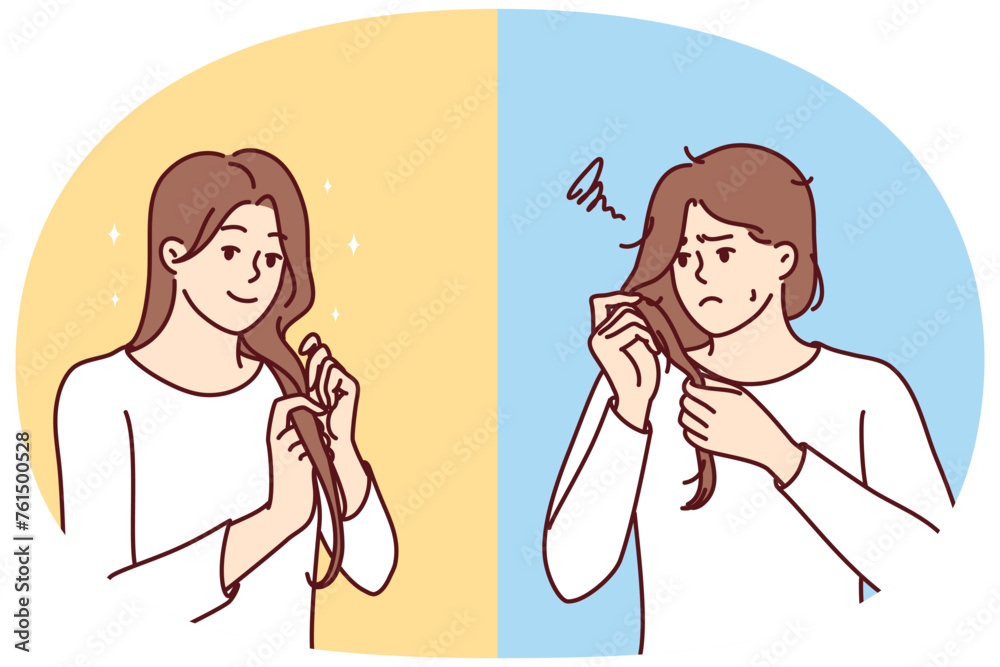 Unhappy woman examines problematic hair in need of hairdresser help and smiling girl is pleased with own hairstyle. Female characters for advertising shampoo or hair care lotion. Flat vector image Unhappy woman examines problematic hair in need of hairdresser help and smiling girl is pleased with own hairstyle. Female characters for advertising shampoo or hair care lotion. Flat vector image