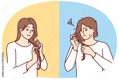 Unhappy woman examines problematic hair in need of hairdresser help and smiling girl is pleased with own hairstyle. Female characters for advertising shampoo or hair care lotion. Flat vector image
