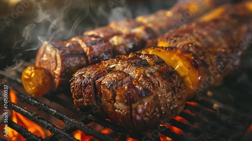 Grilled barbecue meat that is genuinely appetizing and delicious. photo