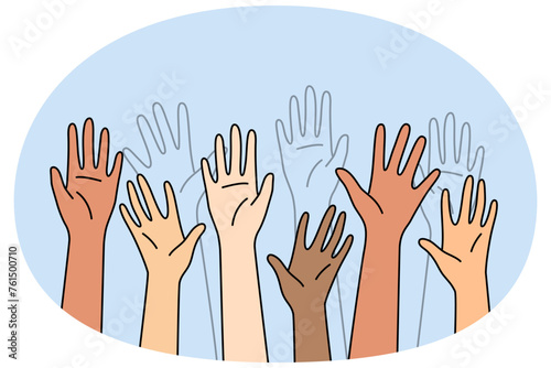 Closeup of multiracial hands raise up in air. Diverse interracial people palms rise up volunteer or vote. Vector illustration. photo