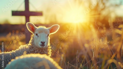 A sheep standing in a field with a cross in the background. Suitable for religious themes photo