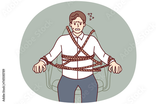 Man in business clothes is tied to office chair and feels fear or despair due to strict deadlines or impossible tasks. Concept overworking and psychologically difficult work. Flat vector image