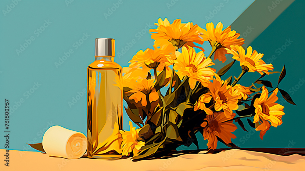 bottle with essential oil and flowers on a background. bottle with essential oil and flowers on a background.