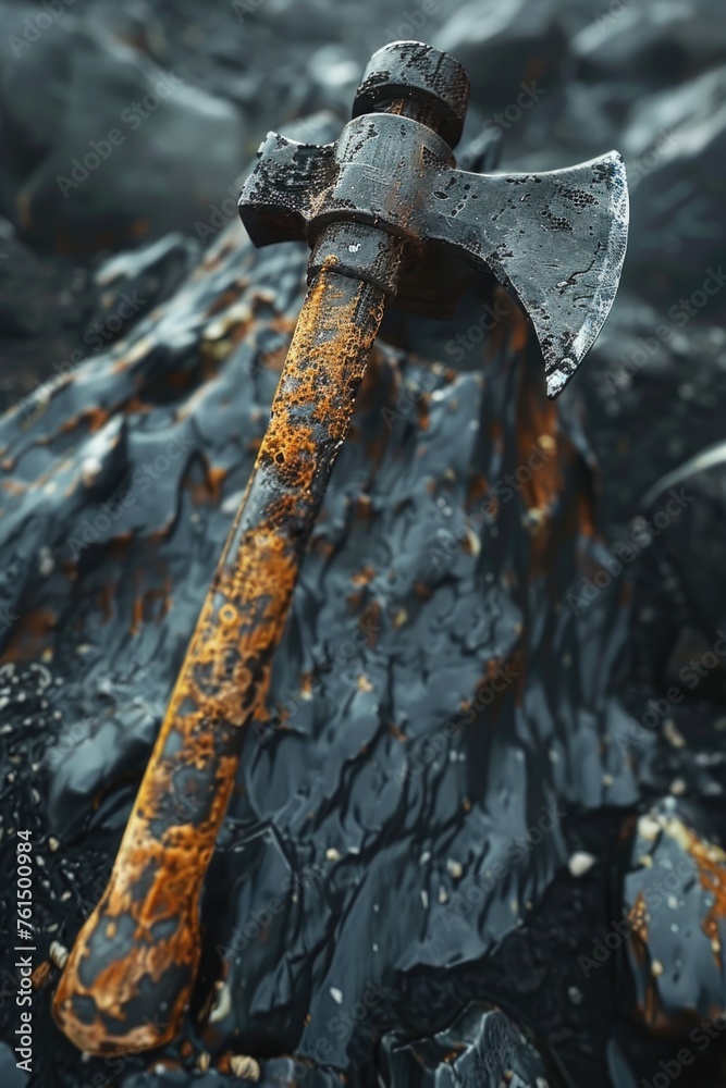 Fototapeta premium An old axe stuck in a pile of coal. Suitable for industrial concepts