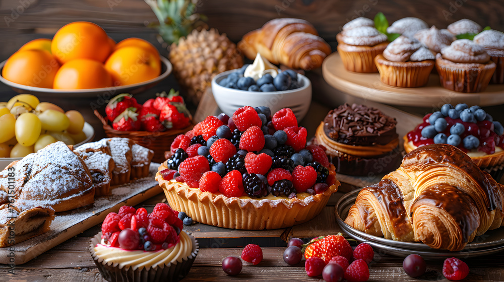 Assortment of freshly baked desserts, from croissants to fruit tarts.