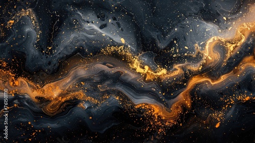 Golden Swirls on Black Abstract Fluid Art Background