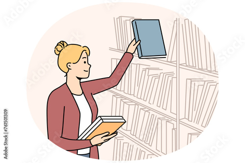 Smiling female librarian work in university or school library. Happy woman put book on shelf in bookstore. Literature and education. Vector illustration.